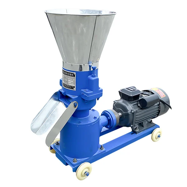 Pellet mill with stainless steel hopper and motor on a wheeled base