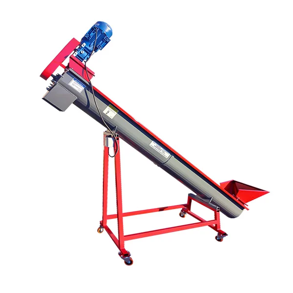 Inclined trough screw conveyor on a red wheeled frame