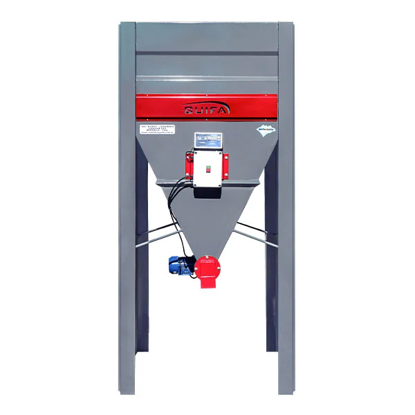Semi-automatic bagging hopper with gray frame and red band